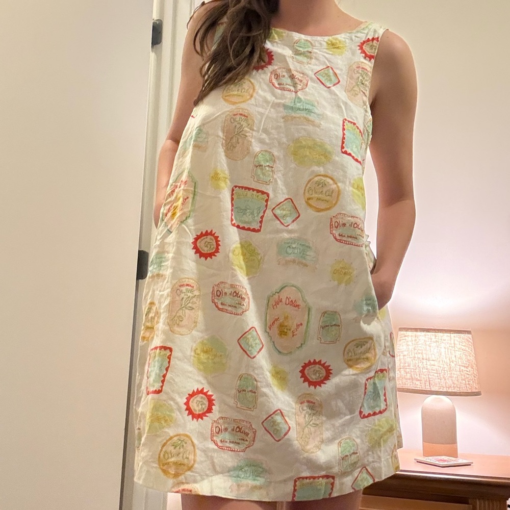 Cynthia Rowley White Linen Blend Shift Dress with Pastel Olive Oil Print